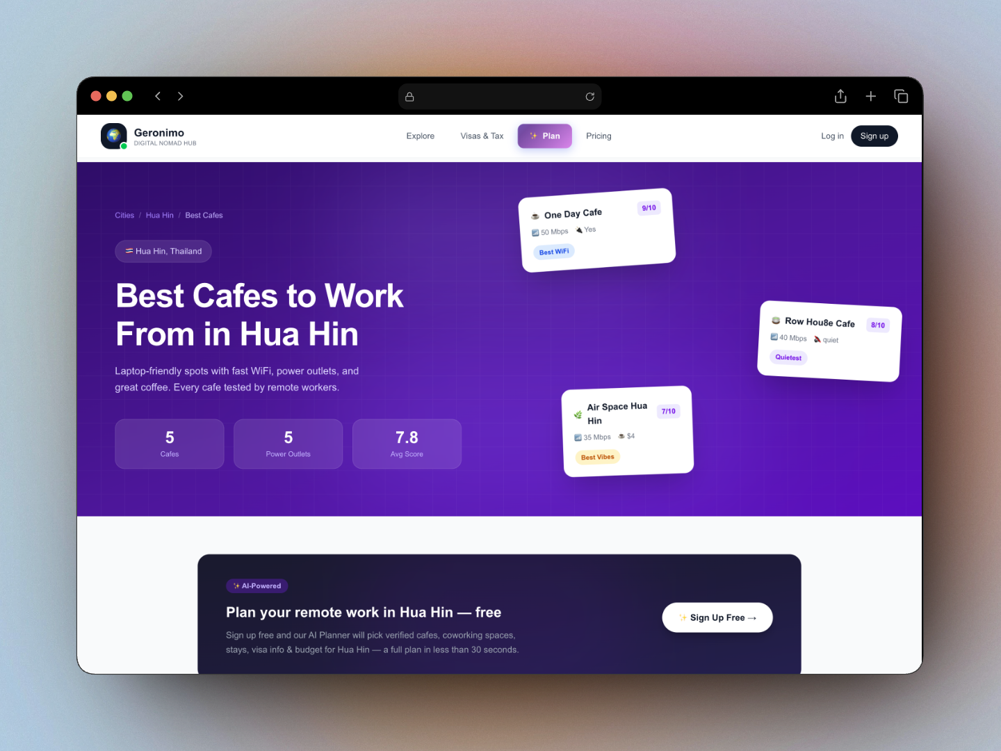 Screenshot of a typical AI-generated website: purple gradient background, bubble buttons, generic copy, floating cards with drop shadows. Technically functional but zero personality or brand identity.