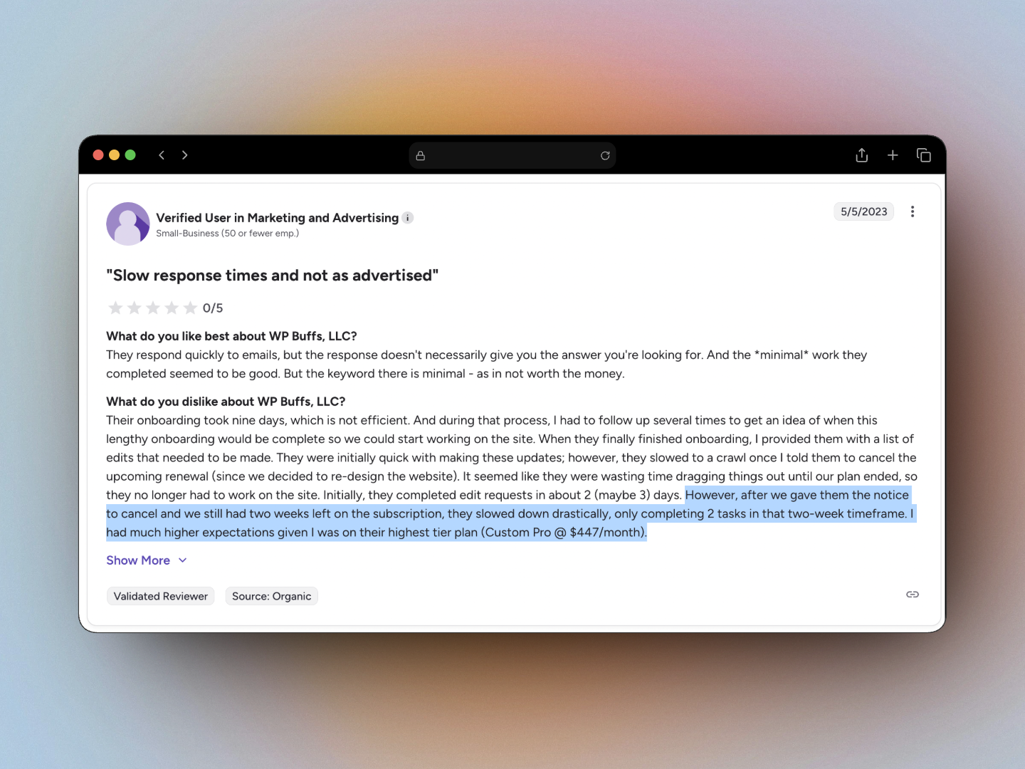 G2 review from a verified user in Marketing and Advertising giving WP Buffs 1 star, describing a nine-day onboarding and work that slowed to a crawl after they asked to cancel