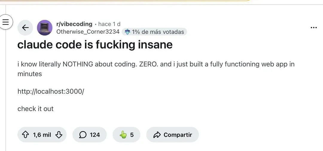 Tweet: claude code is f*cking insane. I know literally NOTHING about coding. ZERO. and I just built a fully functioning web app in minutes. http://localhost:3000/ - 6,492 likes