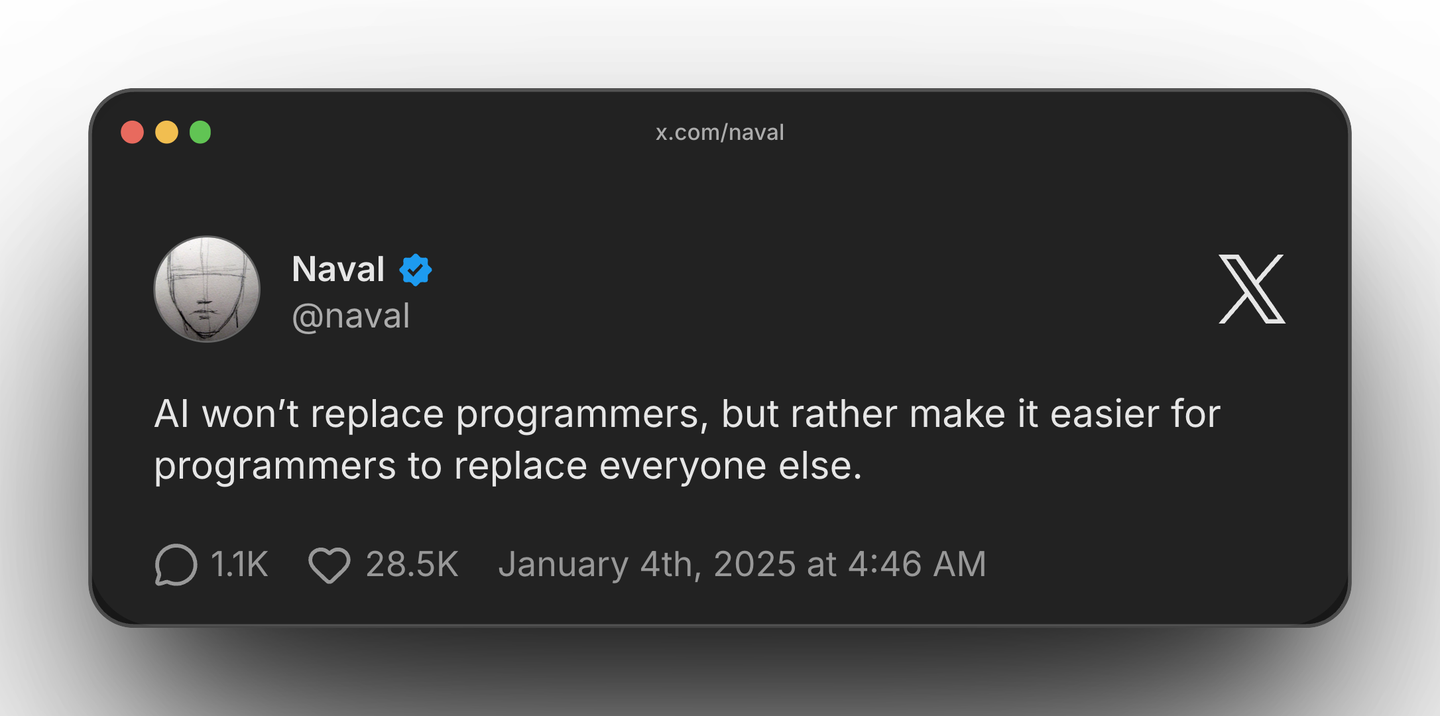 Naval Ravikant tweet: AI won't replace programmers, but rather make it easier for programmers to replace everyone else. 28.5K likes. January 4th, 2025.