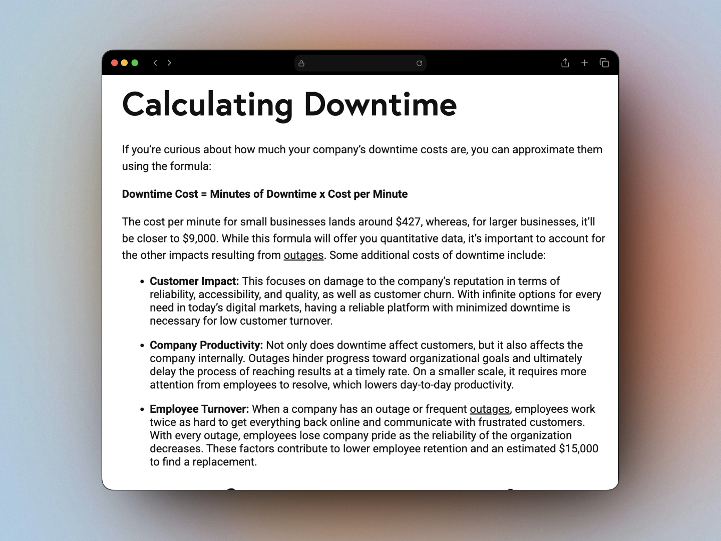 Pingdom article explaining how to calculate downtime cost — cost per minute multiplied by minutes of downtime