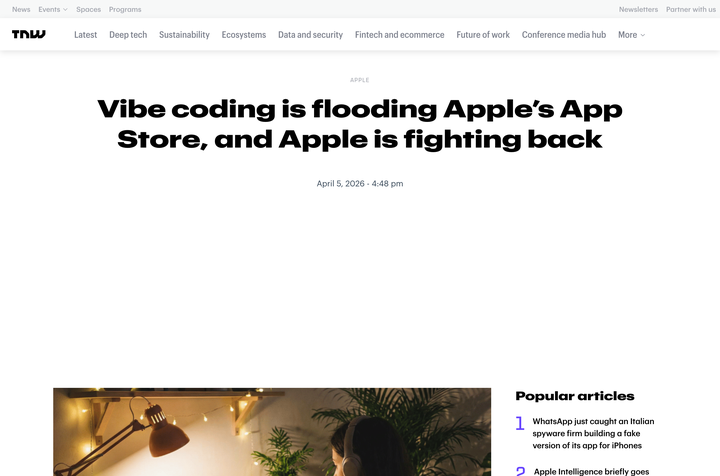 The Next Web headline: Vibe coding is flooding Apple's App Store, and Apple is fighting back