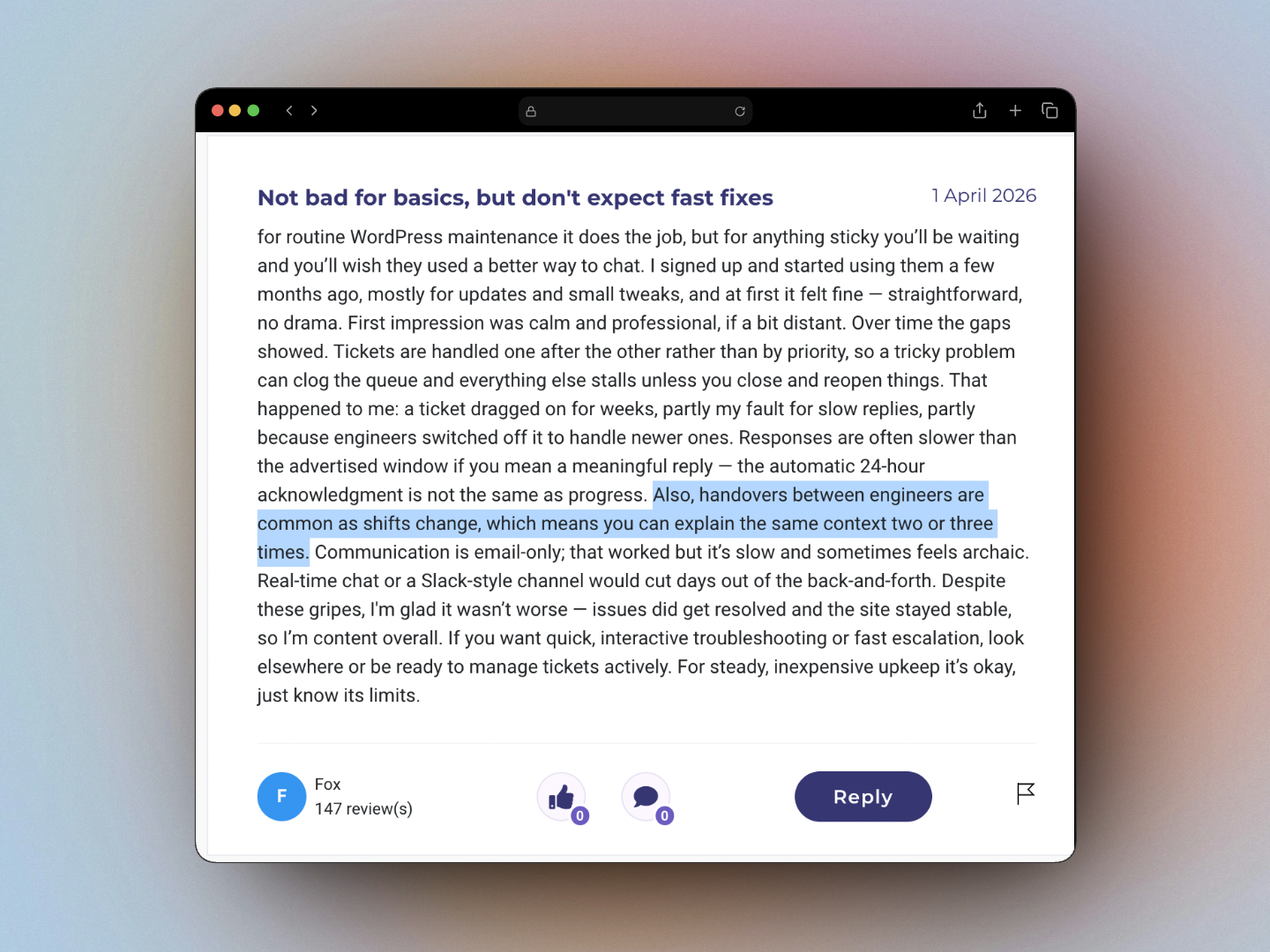 Trustpilot review titled 'Not bad for basics, but don't expect fast fixes' describing slow responses, engineer handovers, and the 24-hour acknowledgment being just an auto-reply
