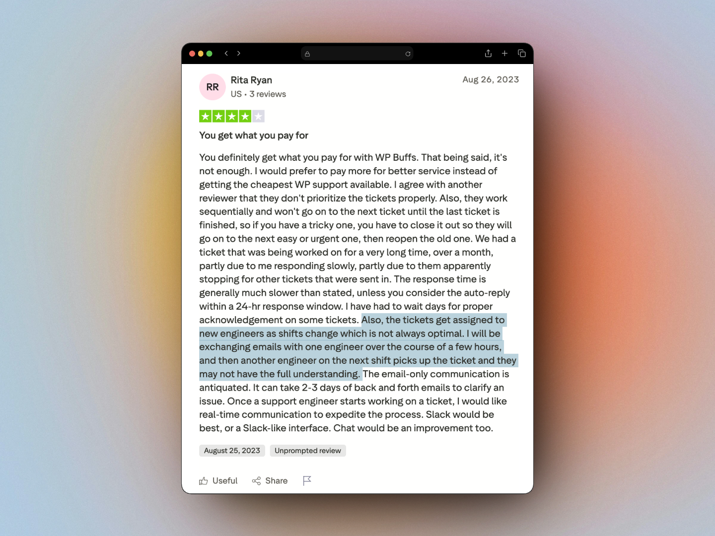 Trustpilot review from Rita Ryan giving WP Buffs 3 stars, describing tickets being handed off between engineers as shifts change