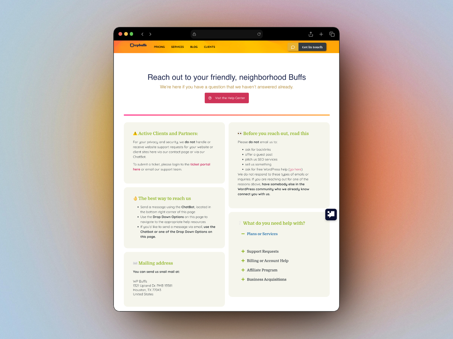 WP Buffs contact page showing ticket portal instructions and chatbot as the primary support channel