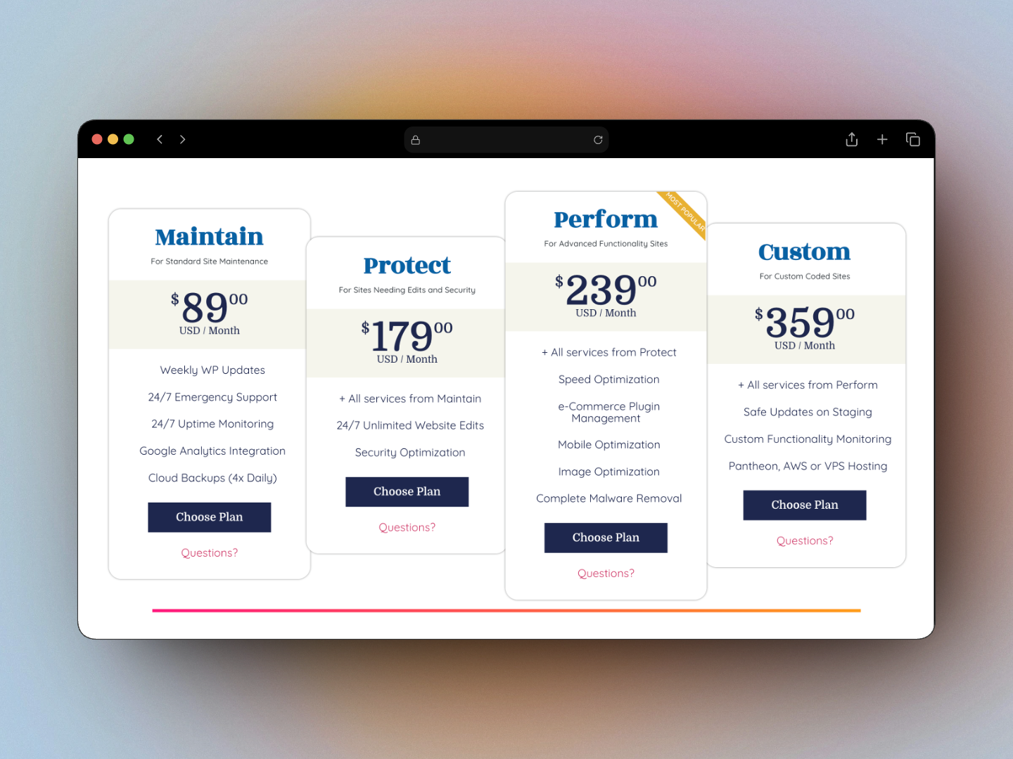WP Buffs pricing page showing Maintain at $89/mo, Protect at $179/mo, Perform at $289/mo, and Custom at $359/mo — none of which include hosting