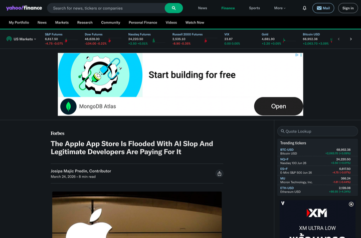 Forbes via Yahoo Finance headline: The Apple App Store Is Flooded With AI Slop And Legitimate Developers Are Paying For It
